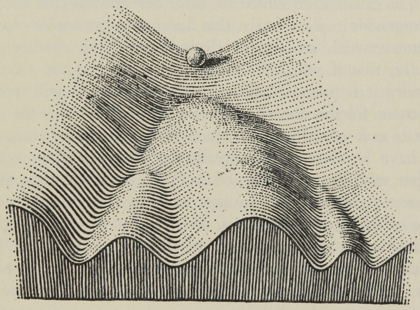 A ball above branching valleys in Waddington's epigenetic landscape.