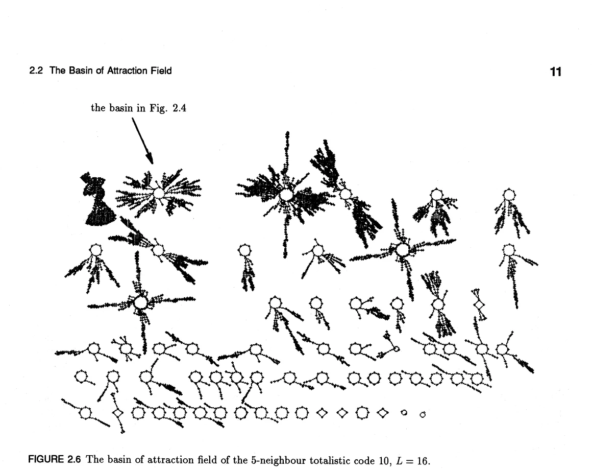 Primary-source scan of Figure 2.6 from Wuensche and Lesser, showing the basin of attraction field of the 5-neighbour totalistic code 10.
